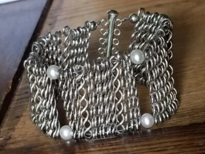 复古 80 年代 Ross Simons 纯银珍珠手链 宽 独特 多股 — 第 1/4 张图片