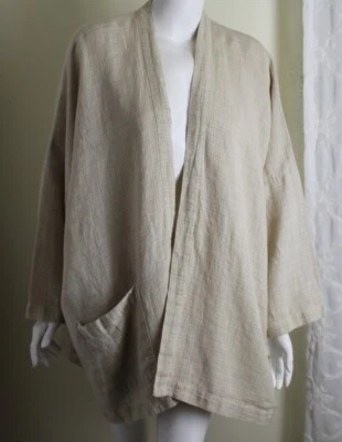 Chaqueta Natural Kimono Lino 32" Largo Cuadros Arena Beige Arrugada Talla 1 Eskandar Foto 1 de 4