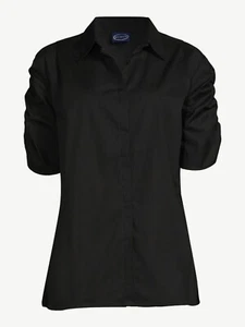 Scoop Top Women's Large Black Ruched Short Sleeve Point Collar Button-Up Stretch - Picture 1 of 5