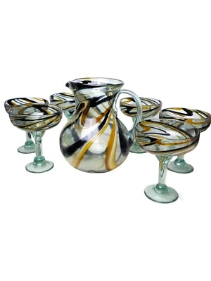Conjunto de Margarita Soprado à Mão~Jarro e 6 Copos~Ouro, Preto, Redemoinho de Creme~ NOVO~Presente - Imagem 1 de 4