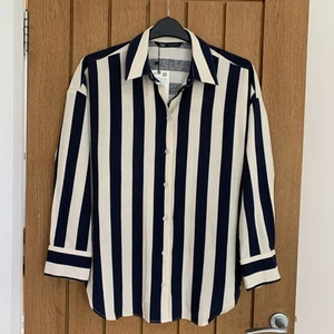 Zara Navy/ivory Striped Linen Blend Top Size S NEW - Picture 1 of 7