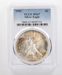 MS67 1993 American Silver Eagle PCGS Beautifully Toned Yellow Hues *0177 - Picture 1 of 3