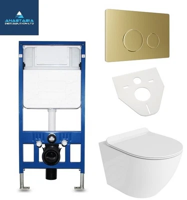 Rimless wall hung toilet pan wc frame concealed cistern brushed brass round plat - Image 1 of 4