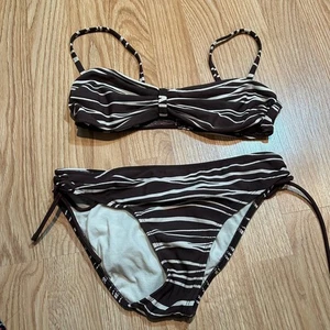 Damen Braun Weiß Gestreift Bikini Set Bandeau Top Bindebänder Badeanzug Größe M - Bild 1 von 5