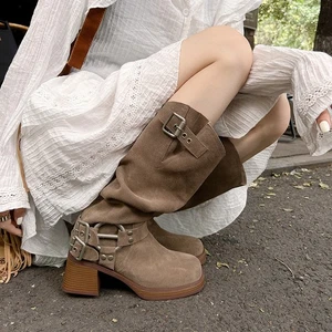 Botas vaqueras occidentales para mujer punta redonda hasta la rodilla caballero montar gruesas tacones en bloque - Imagen 1 de 24