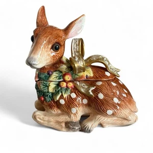 Fitz and Floyd Snowy Woods Deer Fawn Candy Jar ottime condizioni scatola originale 7”x7” - Foto 1 di 11