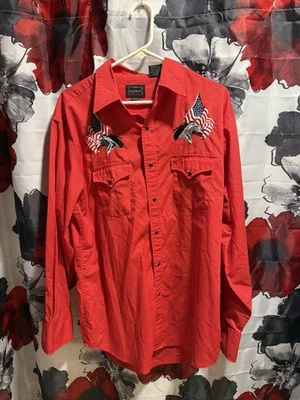 High Noon Western Shirt Men's Large Black Pearl Snap Horses American Flags Red - Image 1 of 4