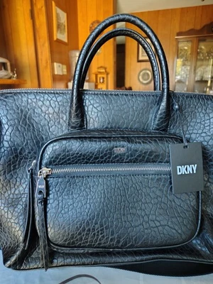 DKNY Abby TH Satchel Black Pebbled Faux Leather Large Tote Handbag Purse NWT - Image 1 of 4