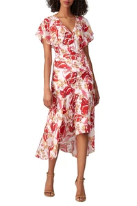 Parker Silk Dress Womens 6 Vivi Midi Faux Wrap Trad Wife Red Floral 1920s $448 - Picture 1 of 22
