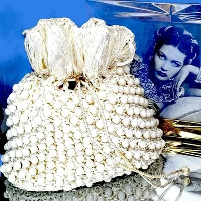 Vintage 1960s Beaded Drawstring Purse • Handmade in Hong Kong • Off White Satin - Image 1 of 4