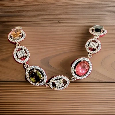 Nuevo Brazalete Femenino Piedras Turmalina Melocotón Verde Rosa Eslabón Plata Esterlina  Foto 1 de 4