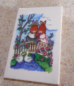 Vintage Bunnies on Bridge art Cute CARA Ata Boy fridge Magnet 1990s USA - Picture 1 of 3