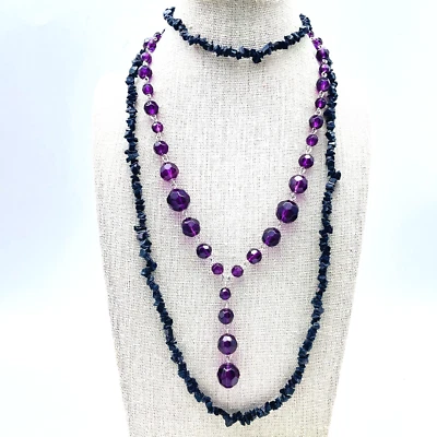 Lote de 2 Collares con Cuentas Púrpura Y Gota Negro Chips Ropa de Trabajo Clásica Carrera Foto 1 de 4