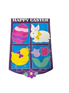 Vintage Happy Easter Yard Flag Egg Chick Bunny Rabbit Tulips Garden Spring - Picture 1 of 9