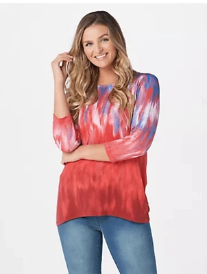 Top túnica roja Linea by Louis Dell'Olio para mujer estampado 3X manga 3/4 alta-baja nueva con etiquetas Foto 1 de 4