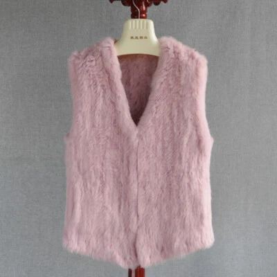 V-neck Handmade Double-sided ThickenWoven Real Rabbit Fur Vest Gilet Waistcoats - Image 1 of 4