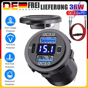 12V QC 3.0 PD USB Auto KFZ Steckdose Dual USB Ladegerät Buchse Dose KFZ Einbau - Bild 1 von 19