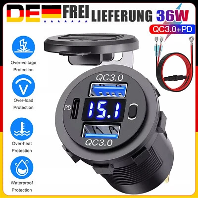 12V QC 3.0 PD USB Auto KFZ Steckdose Dual USB Ladegerät Buchse Dose KFZ Einbau - Bild 1 von 4