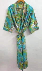 Indian Handmade 100% Cotton Paisley Printed Bath Robe Dressing Gown Long Kimono - Picture 1 of 5