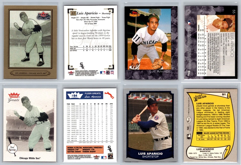 Lote de 4 tarjetas Luis Aparicio - Medias Blancas de Chicago Orioles Medias Rojas de Boston Salón de la fama Foto 1 de 1