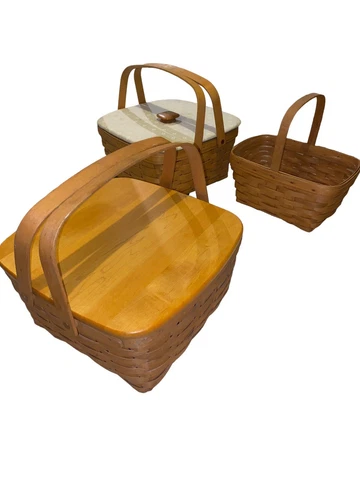 Lot Of 3 Longaberger Woodcrafts Picnic Baskets 2x Combos 1995-1999 Handwoven EUC Cover