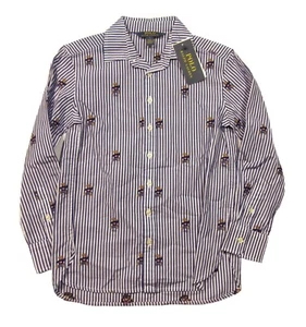 Polo Ralph Lauren Girls Navy Stripe Polo Bear Graphic Button Front Shirt - Picture 1 of 4