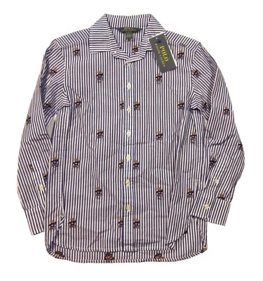 Polo Ralph Lauren Girls Navy Stripe Polo Bear Graphic Button Front Shirt - Image 1 of 4