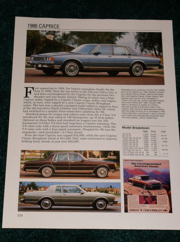 1986 CHEVY CAPRICE-CLASSIC-COUPE-WAGON SPEC ЛИСТ ФОТО 86 ИНФОРМАЦИЯ ФОТО★★ - Изображение 1 из 1