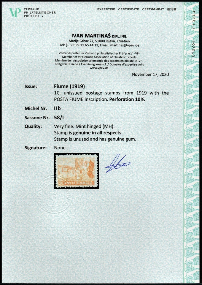 ✔️ FIUME 1919. 1C SELLO NO EMITIDO Sassone 58/I MLH* PERFORACIÓN 101/2 RRR CV €5.000 Foto 1 de 4