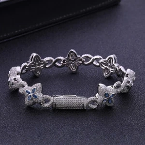 8mm Four Leaf Clover Bracelet For Men Iced CZ Out Real 18K Gold Plated Jewelry - Picture 1 of 12