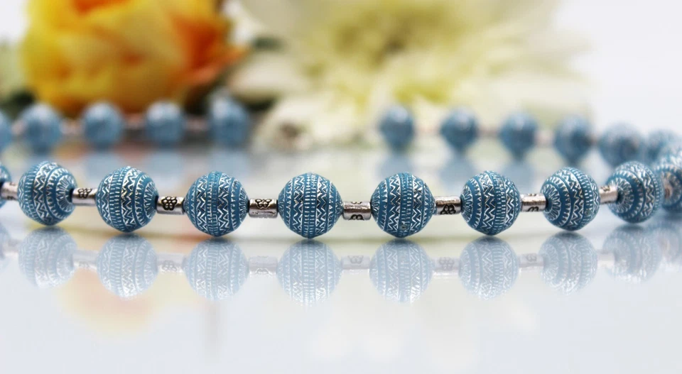 Collana In Argento Con Perle Di Acrilico Blu Hippie Boho Estate #M008 - Immagine 1 di 4