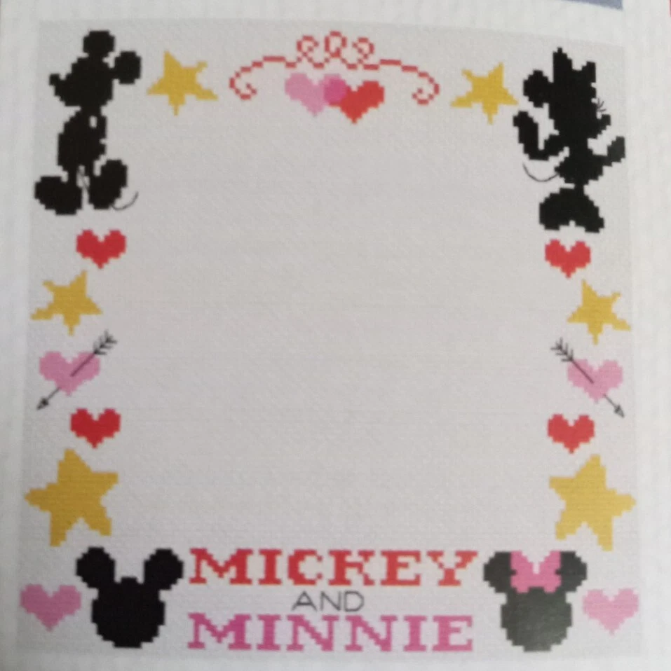 Cross Stitch "MICKEY & MINNIE MOUSE BORDER FRAME" pattern ~ DISNEY, stars, heart - Image 1 of 1