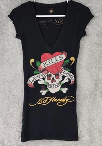 Ed Hardy Shirt Womens Medium Love Kills Slowly Skull Heart Tattoo Rhinestone Top - Picture 1 of 10