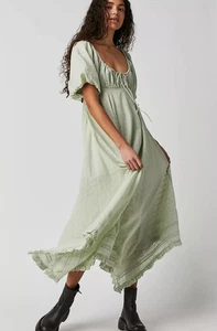 Free People On My Level Maxi Dress Womens Medium Flowy Boho Mint Green Smocked - Picture 1 of 17