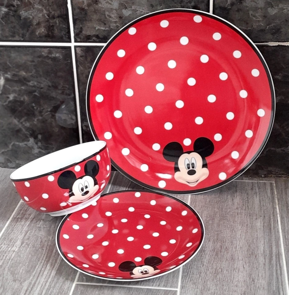 Disney MICKEY MOUSE Red Polka Dot Dinner Plate Side Dish & Bowl 3 Piece Set - Image 1 of 4