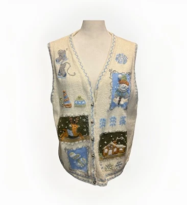 De Colección Navidad Suéter Chaleco Mujer XL Blanco Cremallera Muñeco de Nieve Reno Copos de Nieve Campanas Foto 1 de 4