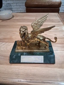 Lion of St. Marco Winged Lion Of Venice Brass Statue On Marble Base Vtg Trophy - Picture 1 of 15