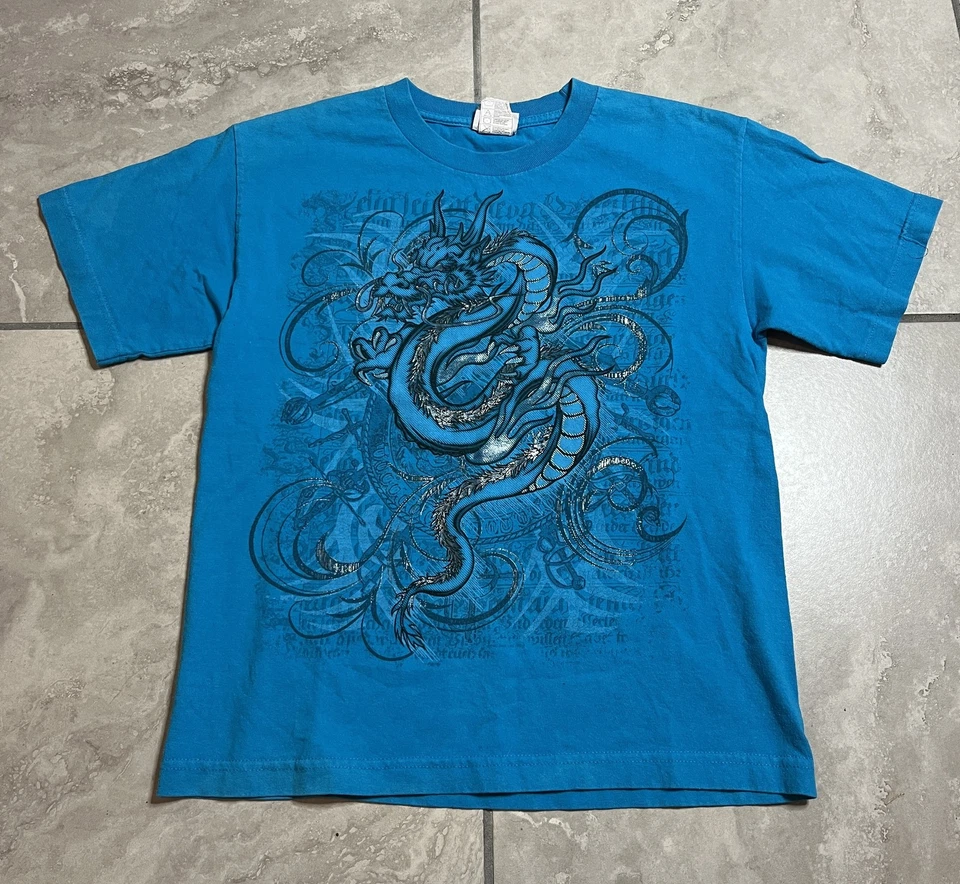 Camisa Rude Boyz Niños Grande Azul Dragón Gráfico Camiseta Estilo Asiático Tatuaje Arte Foto 1 de 4