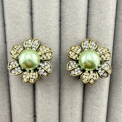 Heidi Daus Earrings Flower Floral Green Omega Back Imitation Pearl Rhinestones - Image 1 of 4