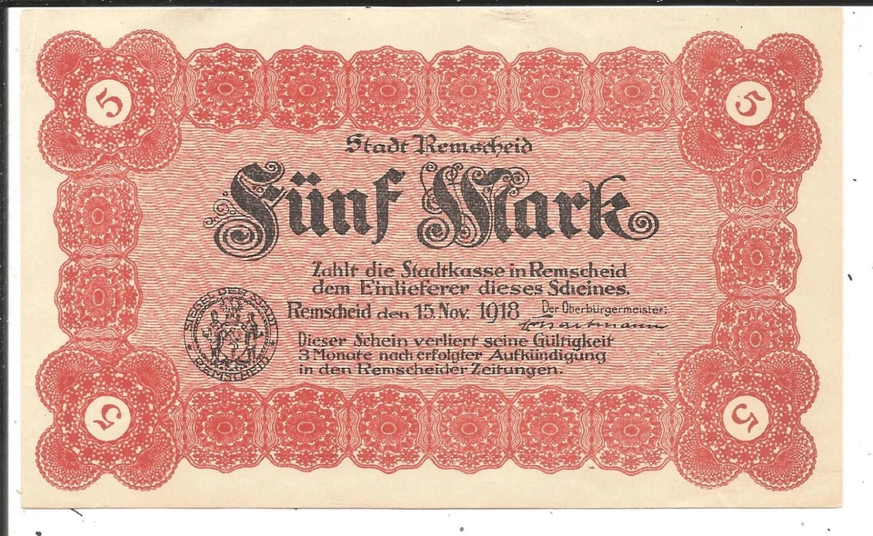 Stadt Remscheid,5 Mark 1918,Erhaltung! - Bild 1 von 1