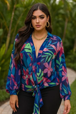 Colleen Lopez Tejido Georgette Estampado Corbata Frontal Topper Dolman Manga Talla M Foto 1 de 4