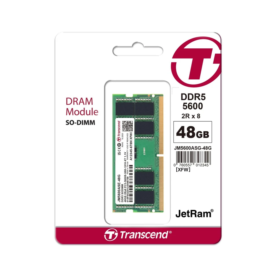 Transcend JM5600ASE48G 48GB DDR5 5600MHz SO-DIMM Laptop Memory - Image 1 of 1