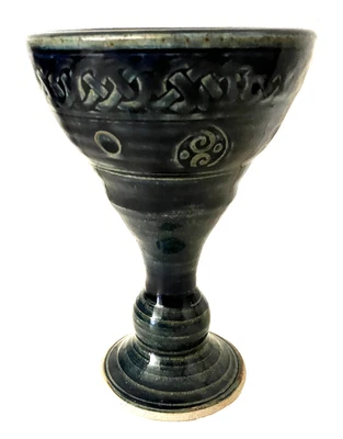Vtg Porthmadog Welsh Pottery Goblet Cup Chalice Green w/Celtic Embossing 6.5"H - Image 1 of 4