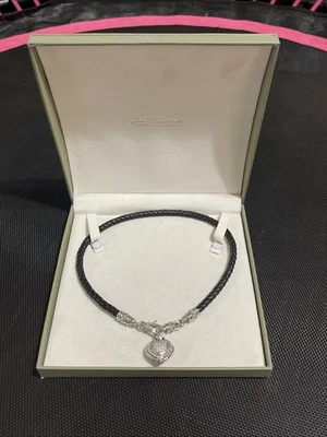 Judith Ripka Sterling Silver CZ Heart Pendant On Braided Leather Necklace + Case Foto 1 de 4