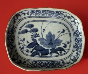 Vintage Japanese Blue On Celadon Porcelain Oval Plate Small Platter Dish Florals - Picture 1 of 8