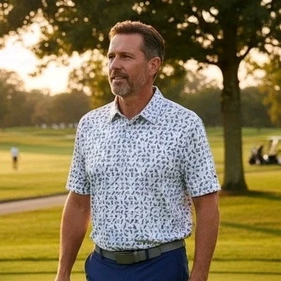 New Ben Hogan Performance Golf Polo Shirt 3XL White Bag/Clubs/Cart Aqua Print  - Image 1 of 4