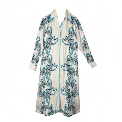 Vestido Camisa Cynthia Rowley Marsella Midi Seda Talla S Azul Blanco Floral Fluido Foto 1 de 4