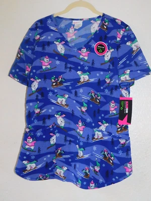 Womens M Medium Scrub Top Blue Winter Polar Bear Play - Image 1 of 4