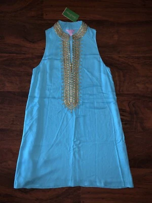 VESTIDO DE CAMBIO JANE AZUL IBIZA SHIFT Lilly Pulitzer 4 Sólido Cremallera Frontal Borde de Encaje Dorado Nuevo con Etiquetas Foto 1 de 3