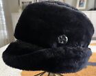 Vtg Black Faux Fur Men’s Bucket Hat w/ Ear Flaps and braided strap and button